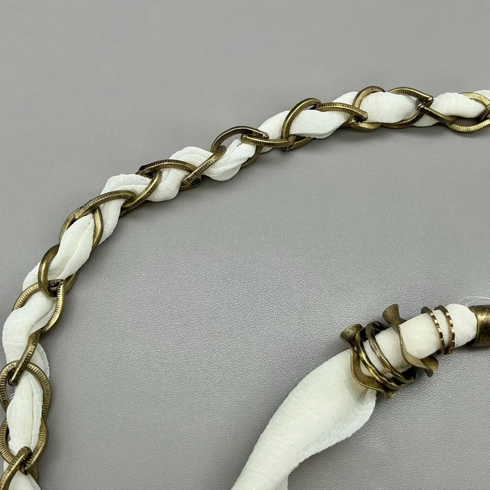 Chico's Belt Women Gold Tone White Fabric Chain Link Woven Medallion 44 Inches